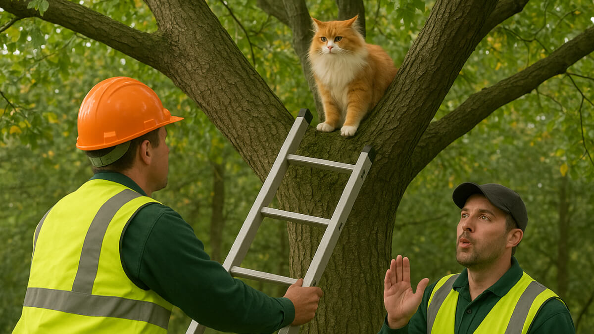 ミッション：インポッシブル！？庭師が高い木から降りられない猫を救出