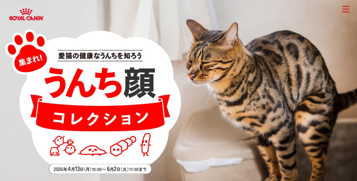 猫のふんばり顔投稿で豪華賞品あたる、ロイヤルカナン「集まれうんち顔コレクション」